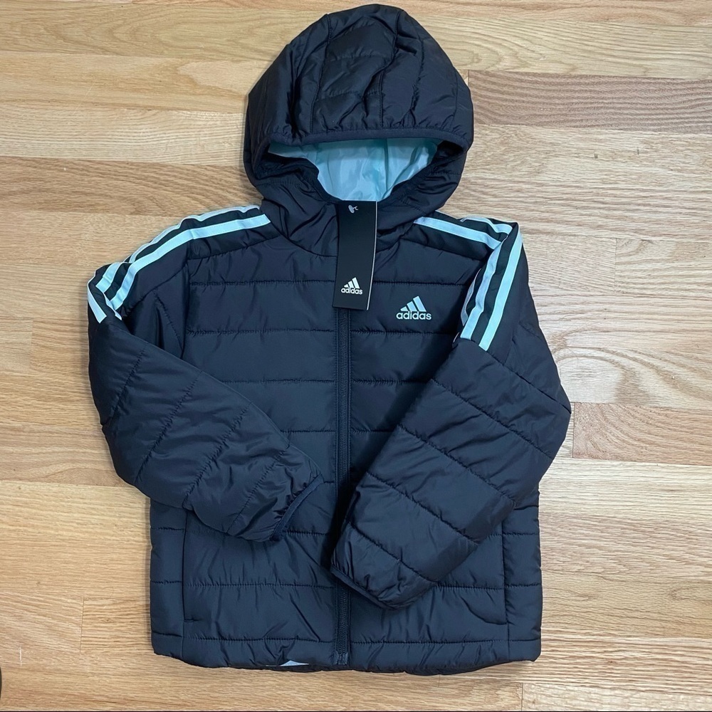 Adidas Black Puffer Jacket Baby Blue Trim NWT XXS 4/5 Toddler Kids Girls Hooded